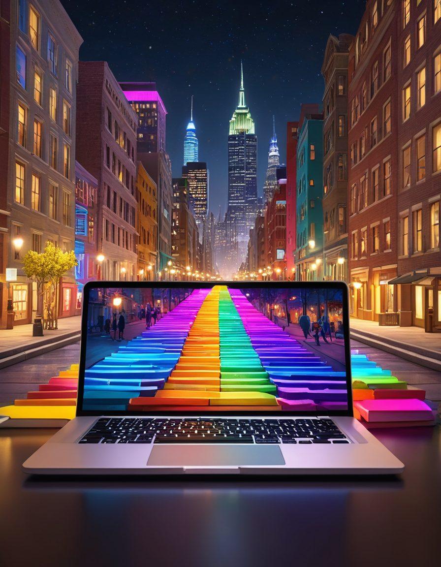 A vibrant pathway made of colorful books leading to a glowing open laptop surrounded by floating light bulbs representing ideas. In the background, a bustling city skyline symbolizes the blogosphere, while a diverse group of animated characters cheer on a writer at their desk. super-realistic. vibrant colors. 3D.