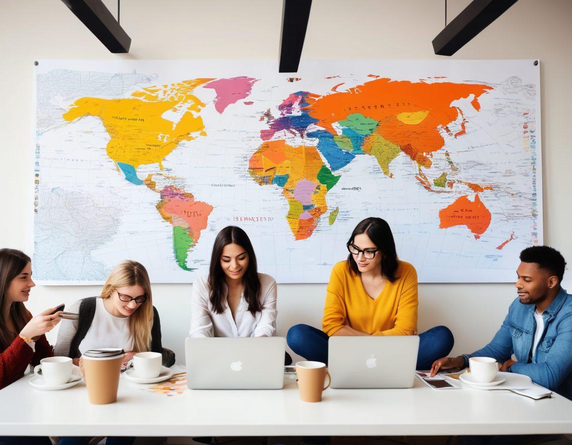 A dynamic scene of diverse bloggers intensely engaged in creating content, with laptops surrounded by colorful notes and coffee cups, symbolizing a vibrant community of ideas. The background features a digital world map with icons representing various blogging niches, such as travel, food, and tech. The atmosphere is energetic, with a bright, inspiring color palette to evoke creativity and engagement. super-realistic. vibrant colors. white background.