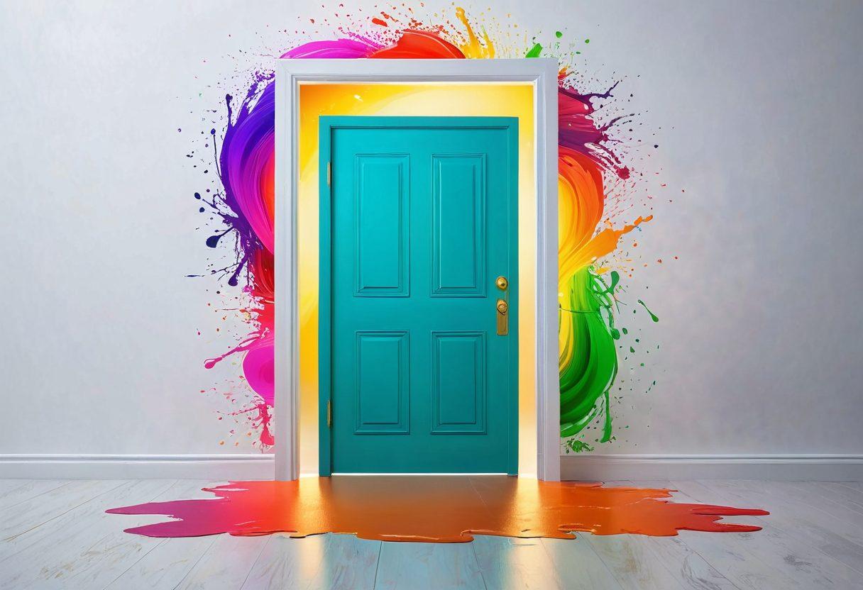 A vibrant, open door symbolizing creativity, surrounded by colorful swirling ideas like brush strokes and light bulbs, with a glowing path leading to a bright future. Incorporate a laptop and a pen, symbolizing blogging and writing success. super-realistic. vibrant colors. white background.